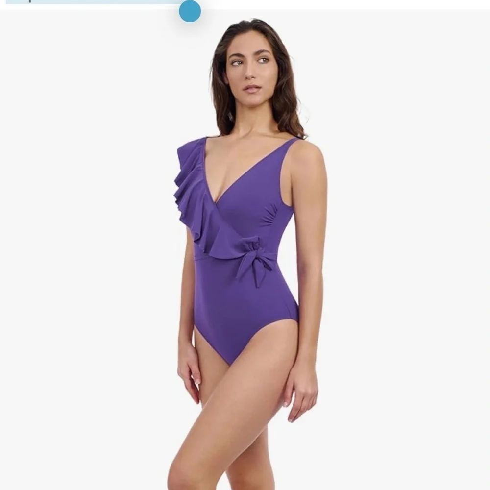 Gottex Purple One-Shoulder Ruffle Swimsuit size 12